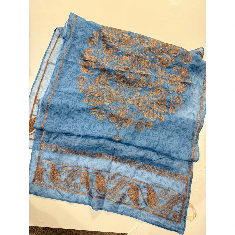 Soft Surroundings Blue Damask Scarf Copper Metallic Embroidered Wrap Rectangular